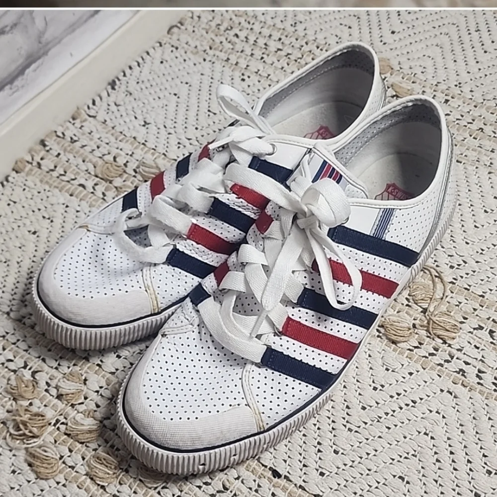 K Swiss Classic Red Blue Stripe White Sneakers Tennis Shoes - Picture 2 of 13